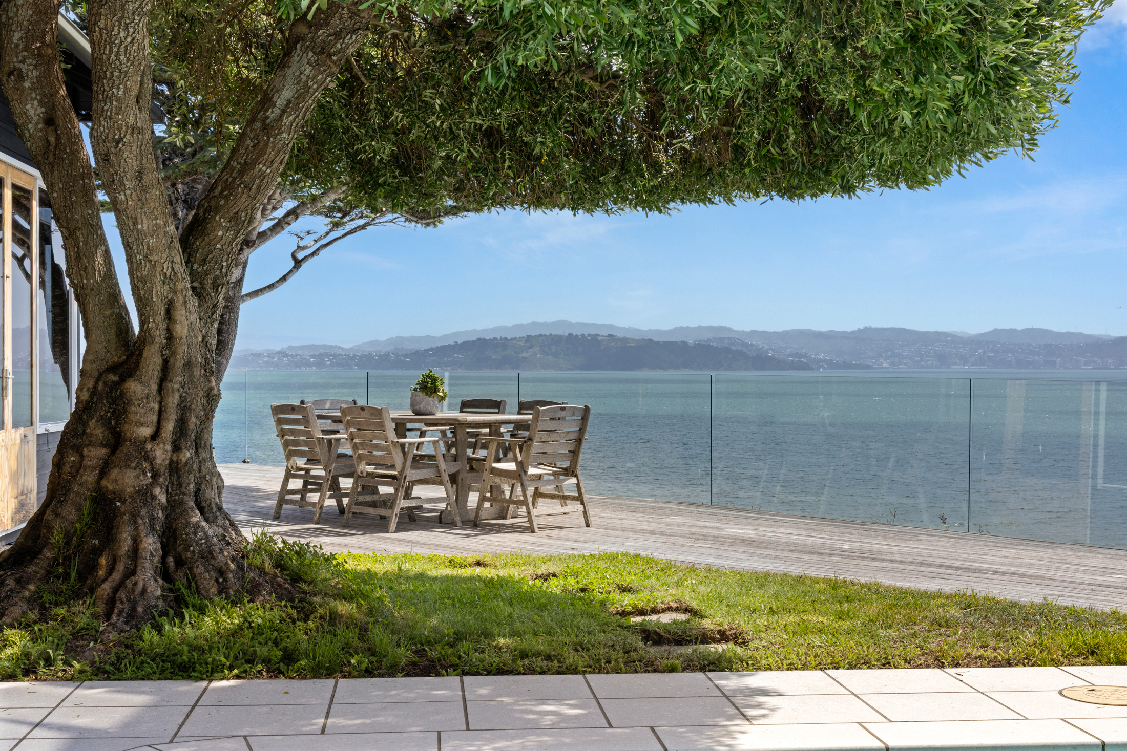 Outdoor dining area by the water